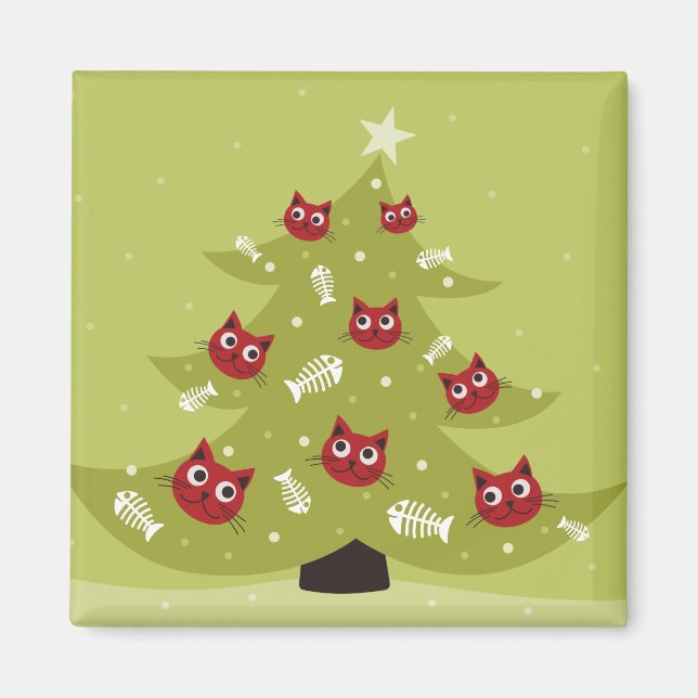 Aimant Arbre De Noël En Chat Avec Ornements De Poisson (Devant)