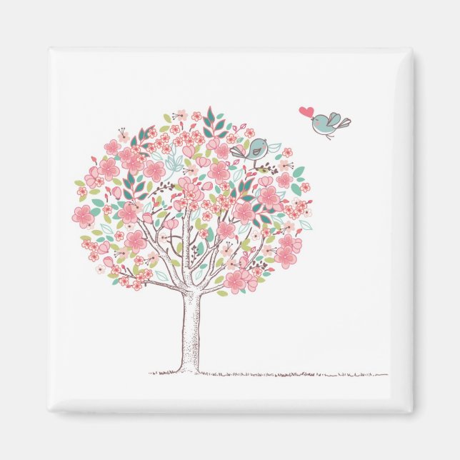 Aimant Arbre en fleurs et oiseaux en amour (Devant)