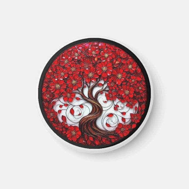Aimant Arbre Fleur Rouge Vibrant avec des Détails Stylés (Devant)