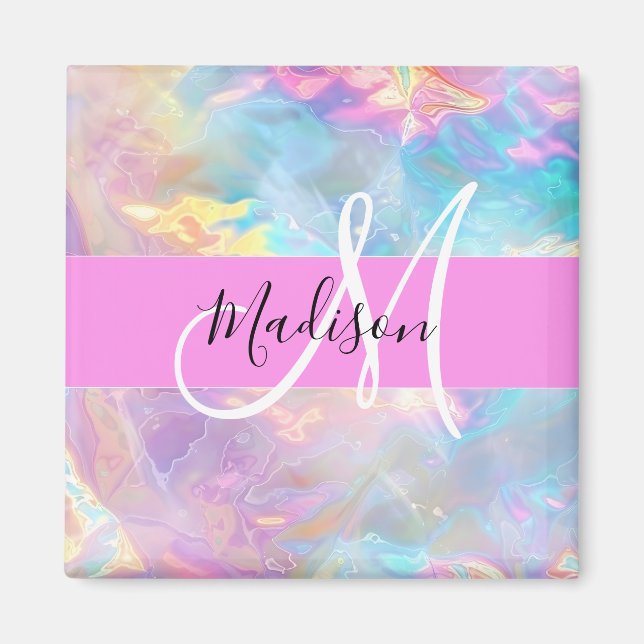 Aimant Arc-en-ciel Girly Holographique Iridescent Monogra (Devant)