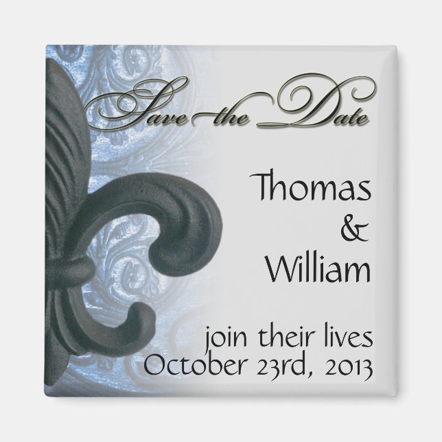 Aimant argent/marine "fleur de lis en fer" SAVE THE DATE  (Devant)