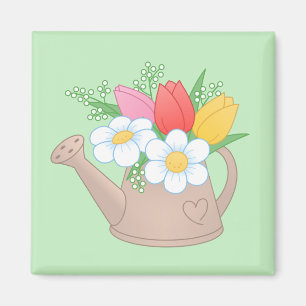 Aimant Arrosoir de jardin avec des fleurs sur fond vert