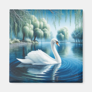 Aimant Art à l'aquarelle Cygne blanc saules pleureurs