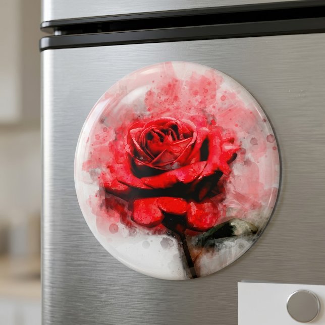 Aimant Art aquarelle d'une rose rouge sur fond blanc (Red Rose Watercolor Art on White Background. Magnet)