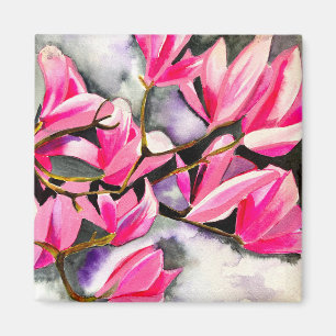 Aimant art aquarelle magnolia rose