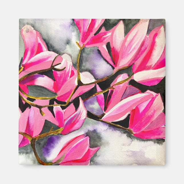 Aimant art aquarelle magnolia rose (Devant)