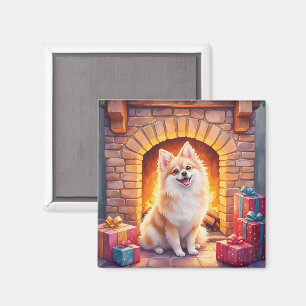 Aimant Art de chien au coin de la cheminée de Noël cosy P
