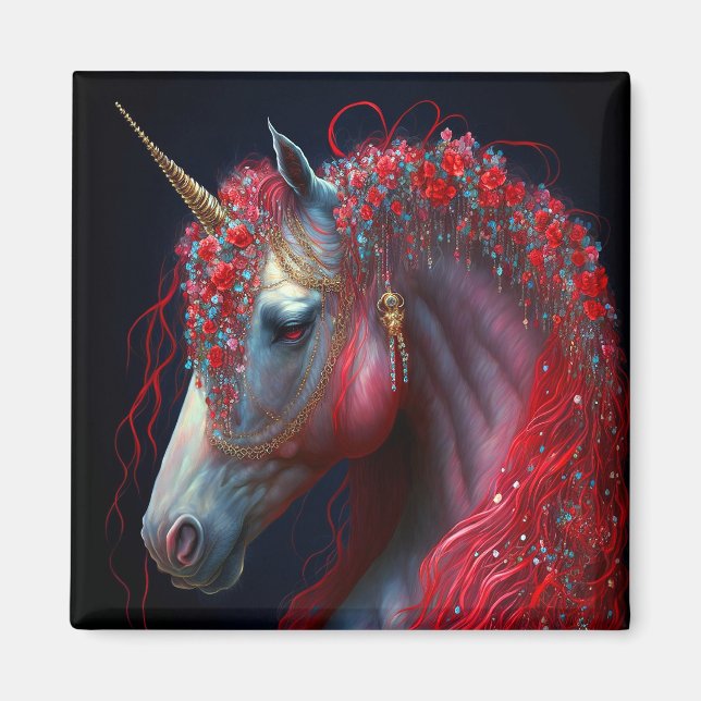 Aimant Art de l'Imaginaire de la licorne rouge (Devant)