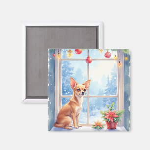 Aimant Art de Noël de Chihuahua sur un rebord de fenêtre 