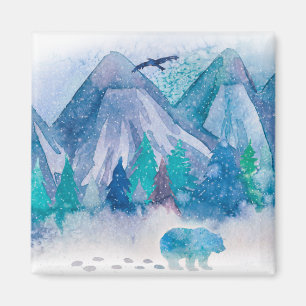 Aimant Art de paysage de montagne d'hiver à l'aquarelle b