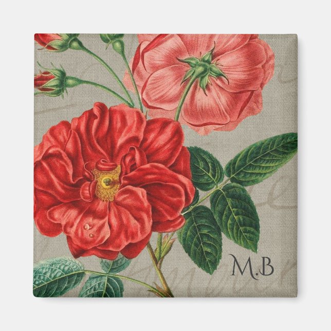 Aimant Art de rose rouge antique sur monogramme gris (Devant)