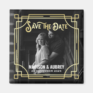 Aimant Art Déco Ajouter votre photo Elegant Gold Enregist