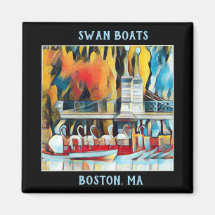 Aimant Art Déco Boston Swan Boats sur arrière - plan noir