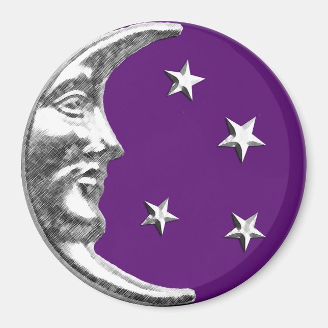 Aimant Art Déco Lune et étoiles - Amethyst Purple & Silve (Devant)