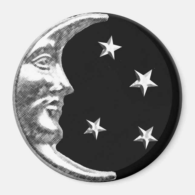 Aimant Art déco Lune et étoiles - Noir et Argent (Devant)