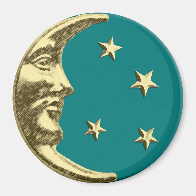 Aimant Art Déco Lune et Etoiles - Turquoise et or (Devant)