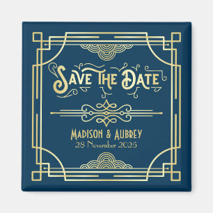 Aimant Art Déco Mariage Elegant Gold Blue Enregistrer la