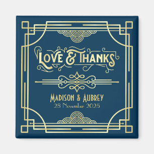 Aimant Art Déco Mariage Love & Merci Gold Blue Faveur