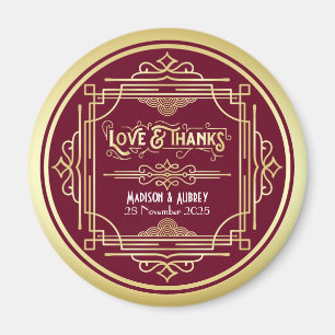 Aimant Art Déco Mariage Love & Merci Gold Burgundy Favor