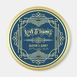 Aimant Art Déco Mariage Love & Thanks Gold Blue Favor