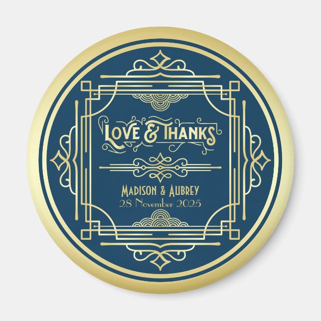 Aimant Art Déco Mariage Love & Thanks Gold Blue Favor (Devant)