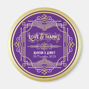 Aimant Art Deco Wedding Love & Thanks Gold Purple Favor
