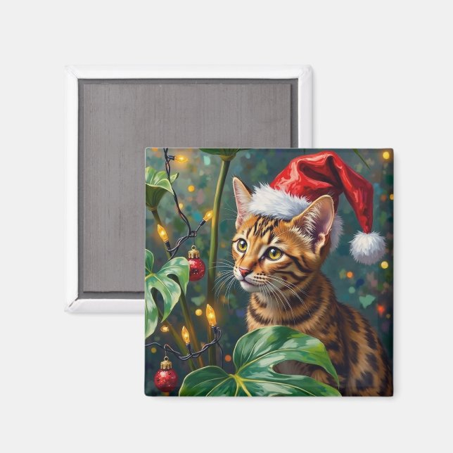 Aimant Art exotique de Noël avec chat Bengal en jungle (Recto/Verso)