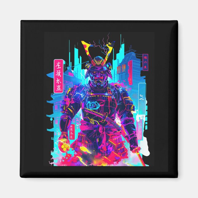 Aimant Art japonais néon cyberpunk samouraï  (Devant)