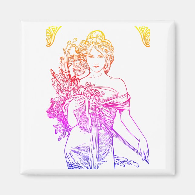 Aimant Art nouveau Alphonse Mucha femme fleurs (Devant)