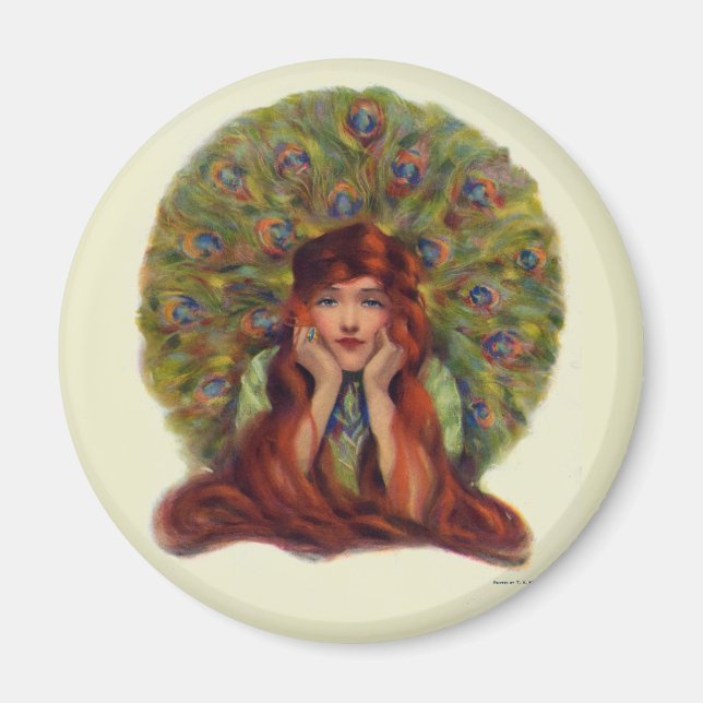 Aimant Art nouveau déco élégante femme paon plumes (Devant)