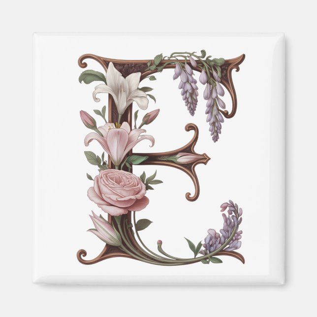 Aimant Art Nouveau Rose et Violet Lettre E (Devant)