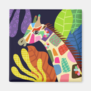 Aimant Art populaire coloré Jungle Giraffe Portrait anim
