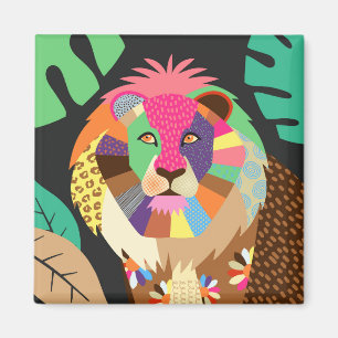 Aimant Art populaire coloré Jungle Lion Portrait animal