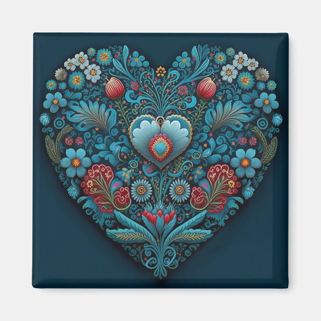 Aimant Art populaire ukrainien - Coeur inspiré en bleu (Devant)