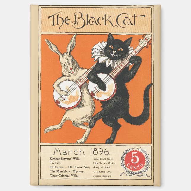 Aimant Art Rétro Orange Chat Noir Lapin Blanc Banjo (Recto)