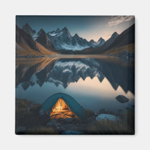 Aimant Art thématique de camping avec tente, montagnes et