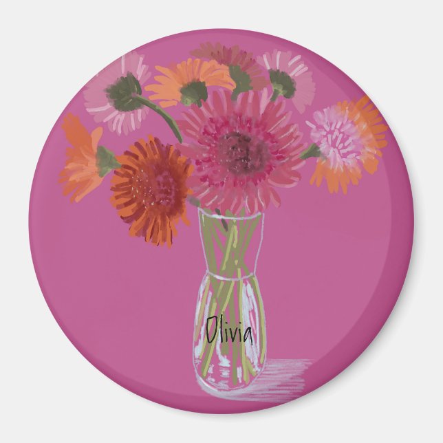 Aimant Arty Gerbera Fleur colorée +Nom personnalisé (Devant)
