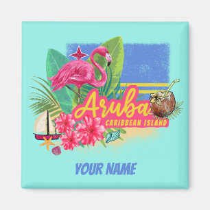 Aimant Aruba Retro Caraïbes île avec Flamant rose Vintage