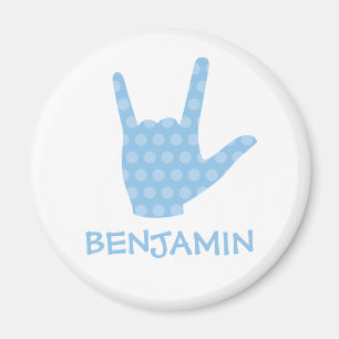 Aimant ASL I Love You Blue Dots Signer Nom de la langue M