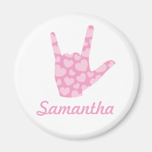 Aimant ASL I Love You Pink Hearts Signer Langue et nom