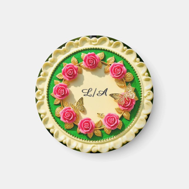 Aimant Assiette décorative à bordure verte avec rose rose (Devant)