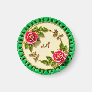 Aimant Assiette décorative à bordure verte avec rose rose