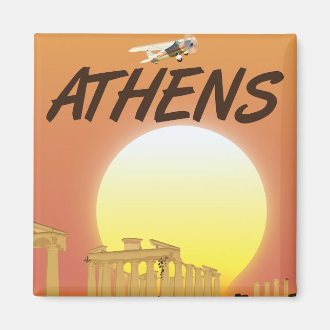 Aimant Athènes "Voyage par avion" Coucher de soleil doré (Devant)