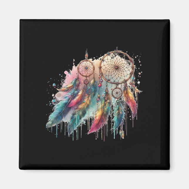 Aimant attrapes-rêves et plumes multicolores (Devant)