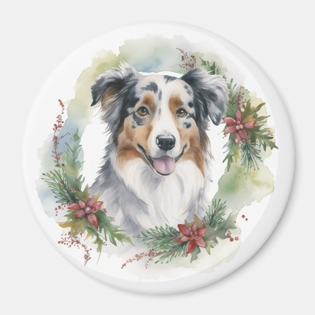 Aimant Australian Shepherd Christmas Wreath Festive Pup (Devant)