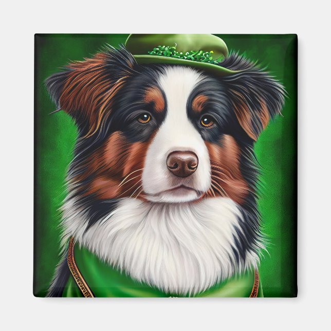 Aimant Australian Shepherd dog en tenue de St. Patrick's  (Devant)