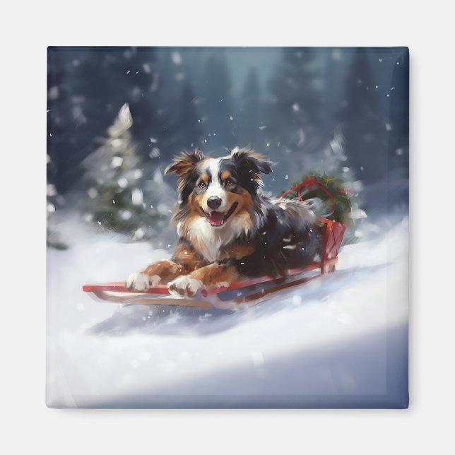 Aimant Australian Shepherd hiver neige de Noël (Devant)