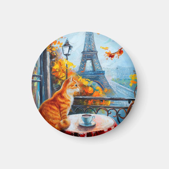 Aimant Automne parisien | Chat au gingembre dans un café (Devant)