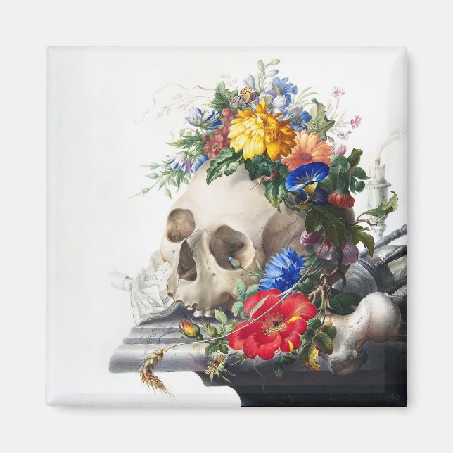 Aimant avec crâne et scène de fleurs. (Devant)