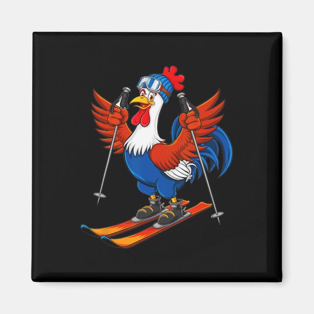Aimant Aventure de dessin animé de coq drôle de ski  (Devant)